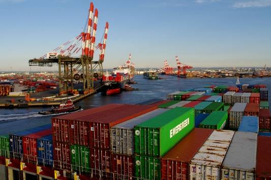 The Hanjin-Palermo seen (left) from the bridge while docked near New York City, and on the High Seas, right.