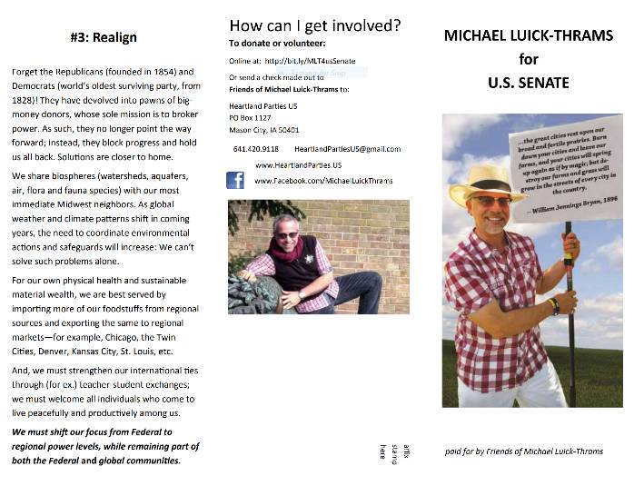 The flip sides of Michael’s main Senate-campaign flyer outlined his candidacy’s vision, values and main object