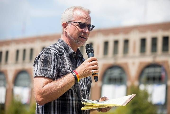 Michael speaking at the Iowa State Fair (left) and campaigning at Gay Pride in Des Moines, summer 2016.